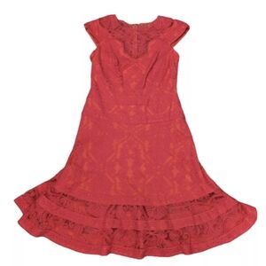 Tadashi Shoji Coral Pink Motif Fit N Flare Lace Formal Cocktail Dress Size 6